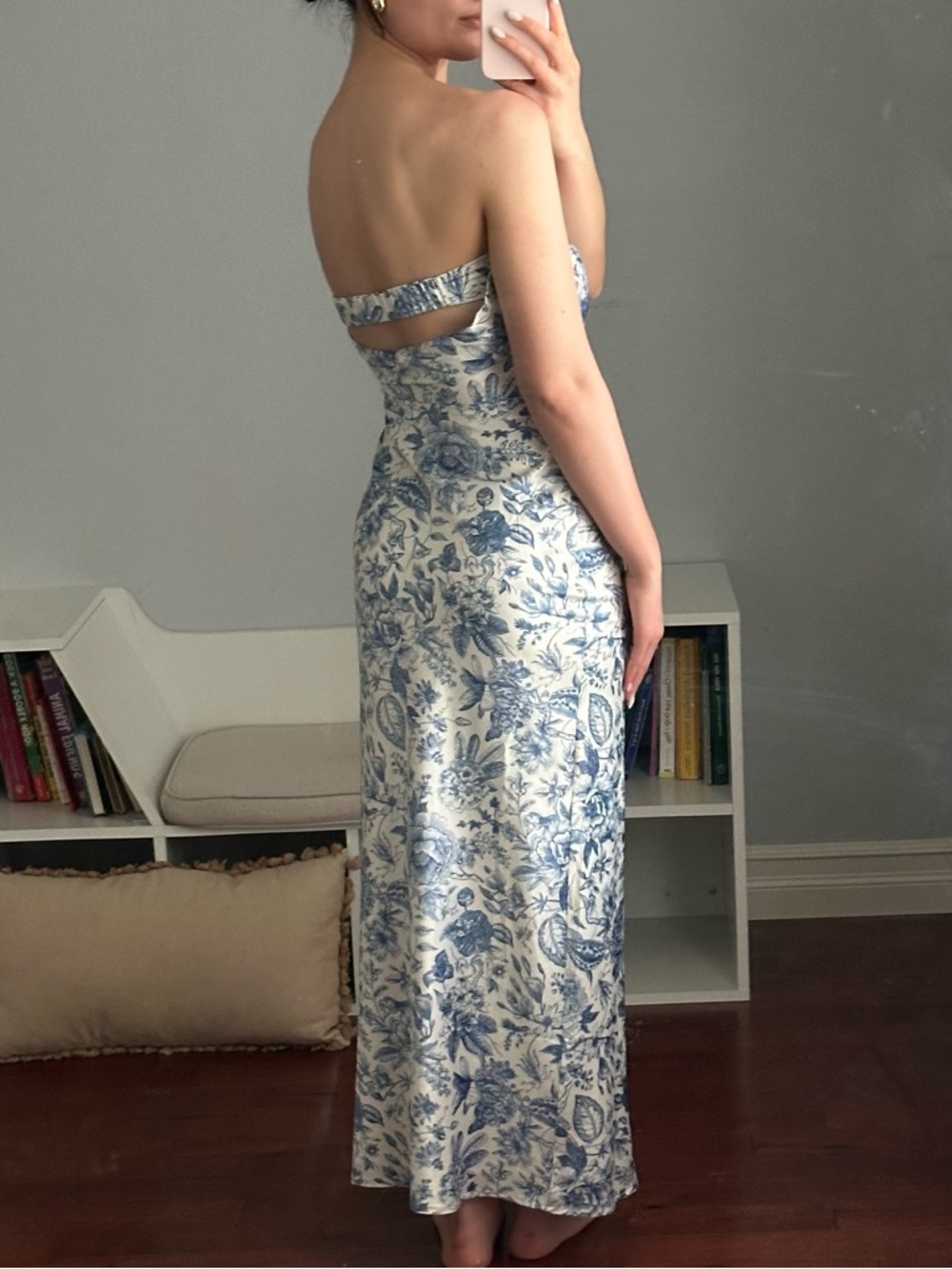 Peppermayo Cream Strapless Dress with Blue Floral Print - Picture 3 of 10